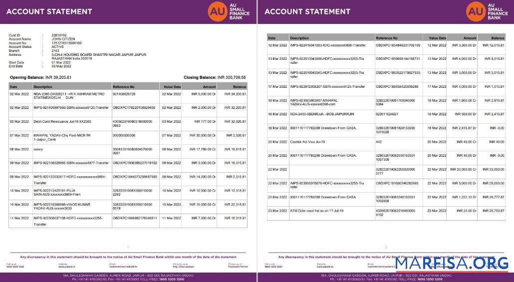 Printable India AU Small Finance bank statement word 5 pages download for verification